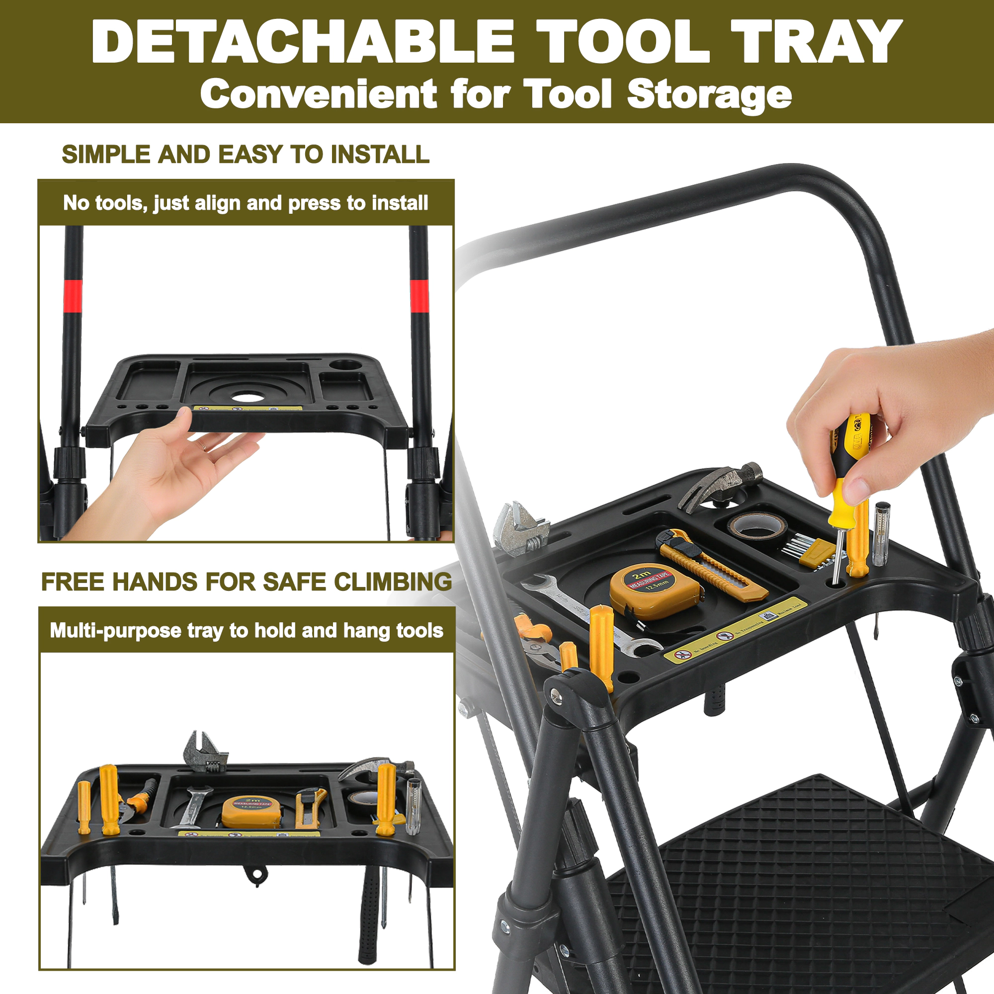 Flynama 6 Step Ladder- 330lb Capacity Steel Foldable Step Stool With Tool Tray (Black)