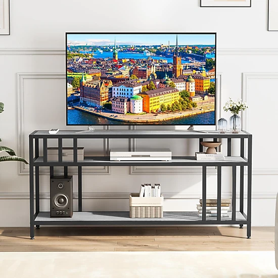 BebreezChic 58" TV Stand for Television 65", Entertainment Center Table with Adjustable Legs, Open Shelves & Doors