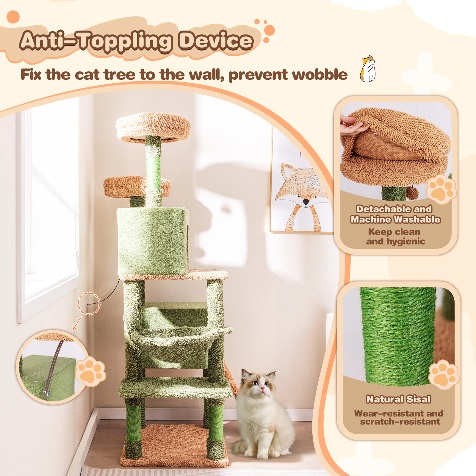 SUGIFT Multi-level Cactus Cat Tree with Scratching Posts Ladder Double Condos and Toys Bed 33-lb Capacity Green + Brown