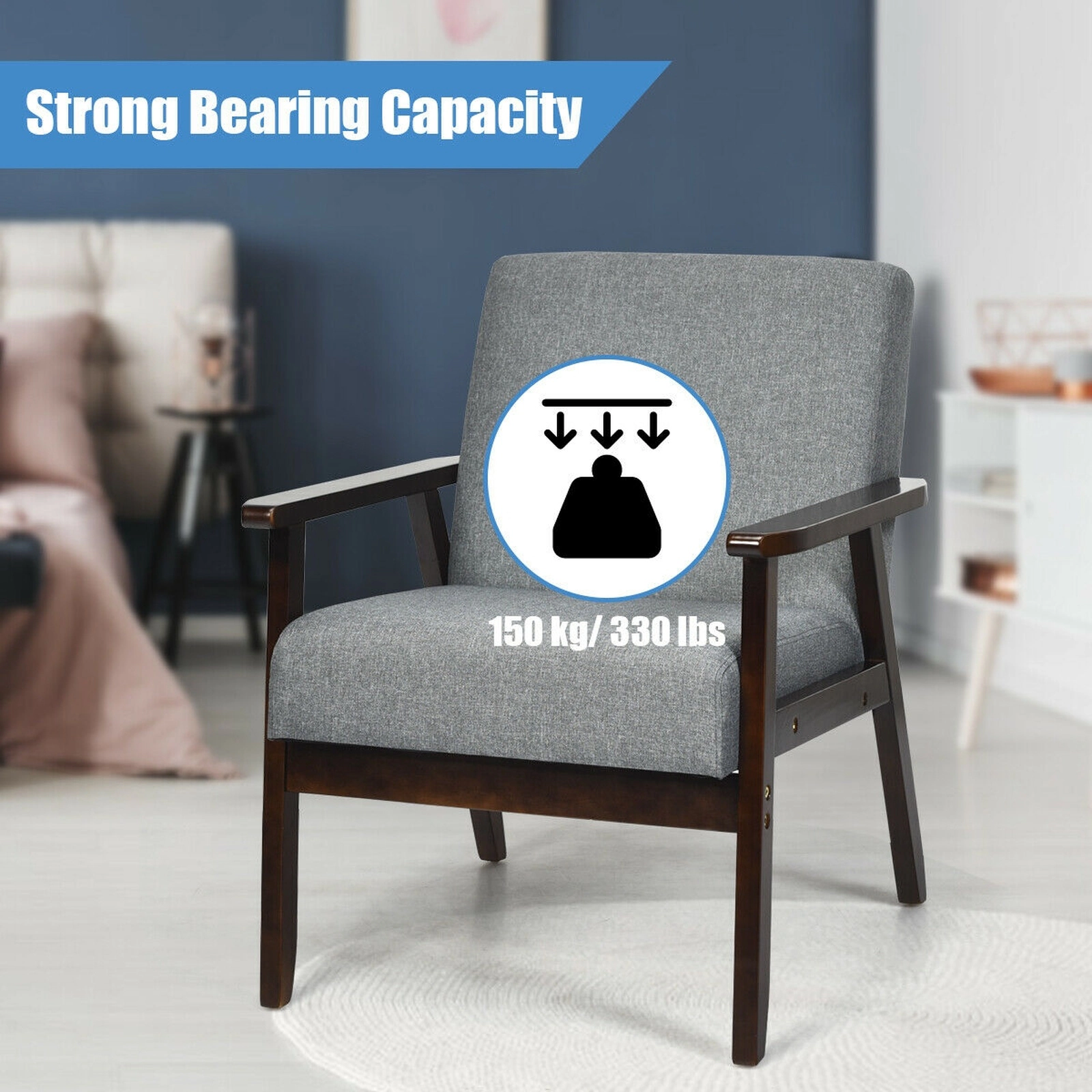 SUGIFT Accent Armchair Gray Linen Upholstered Chair with Solid Rubber Wood Frame