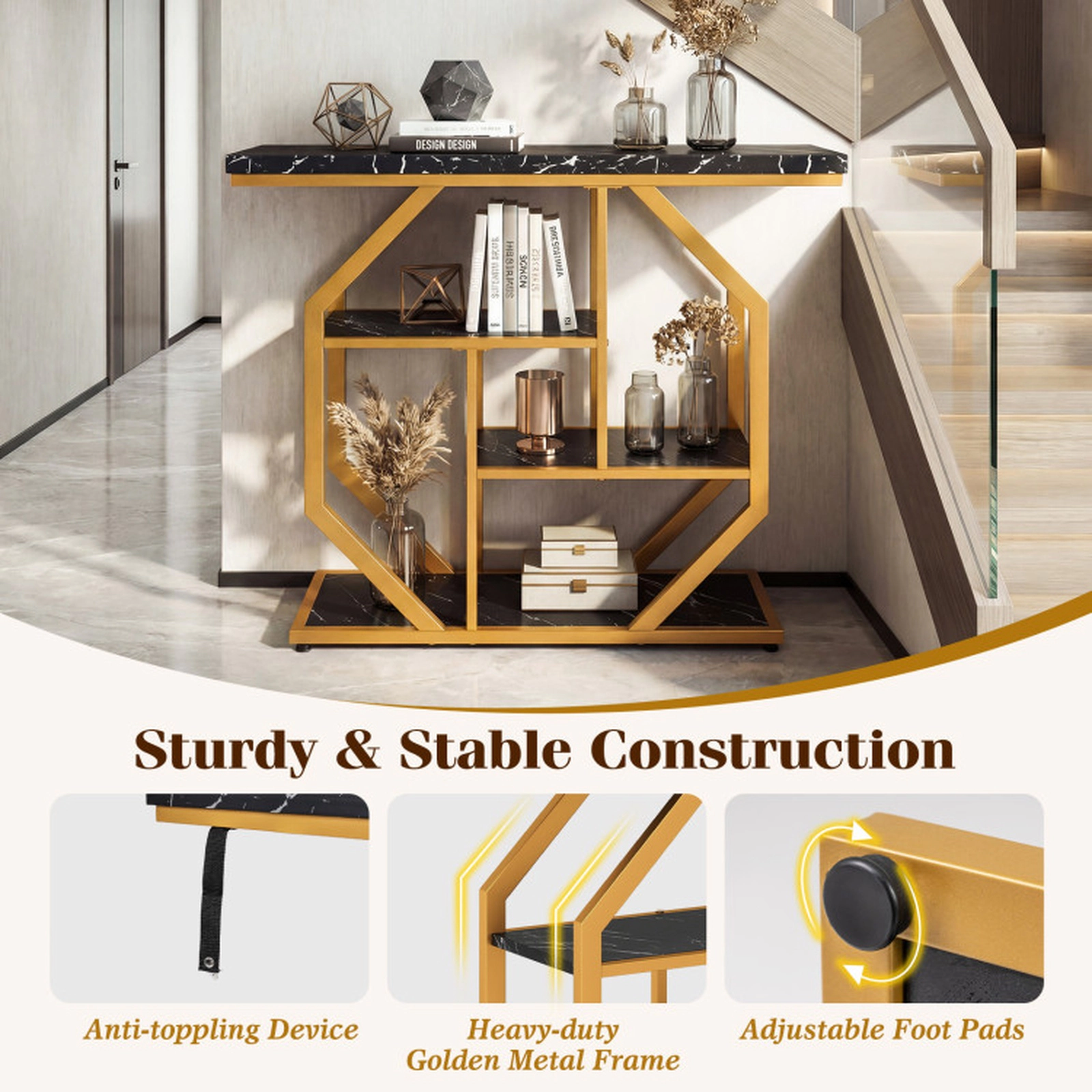 SUGIFT 4-Tier Console Sofa Table with Faux Marble Tabletop 110-lb Tabletop Capacity Black & Gold