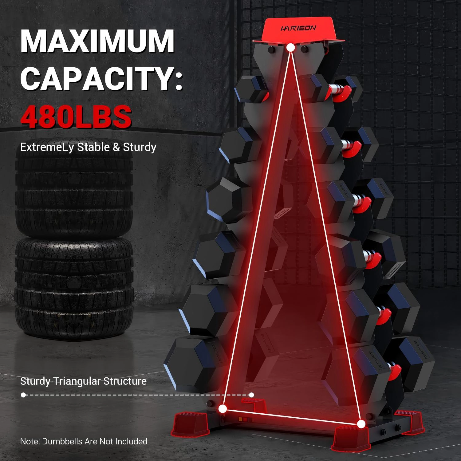 HARISON A-Frame Dumbbell Rack, 6-Tier Weight Storage Stand, 480 LB Capacity for Home Gym