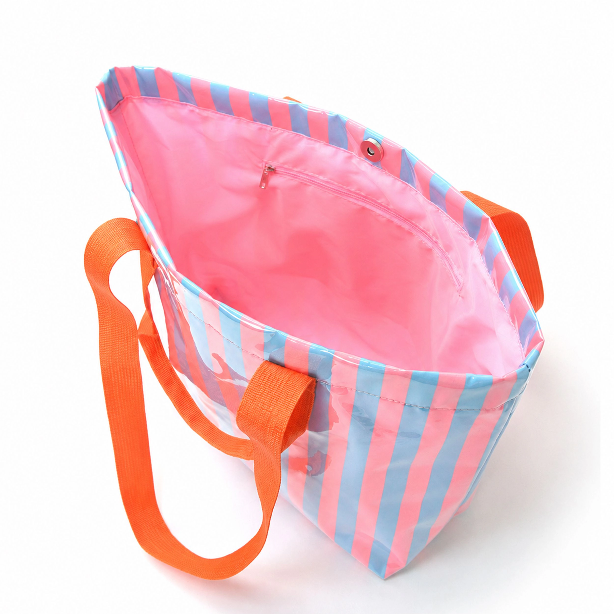 Alilang Women's Striped PVC Beach Tote Bag with Magnetic Closure and Zip Pocket, Green Pink Stripe