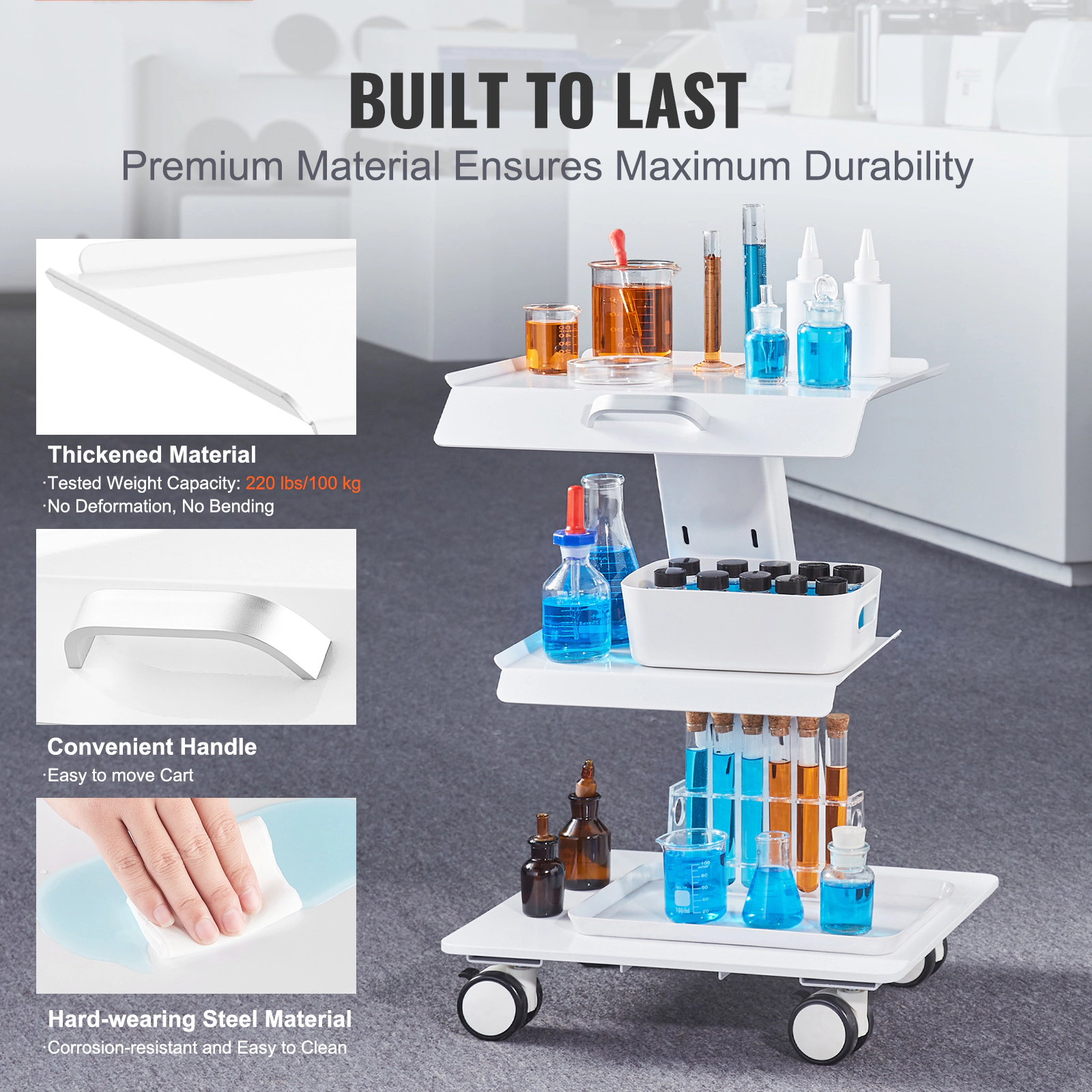 HONGGE 3-Layer Metal Rolling Lab Cart with Swivel Wheels, 220 lbs Capacity for Clinic, Beauty, and Salon