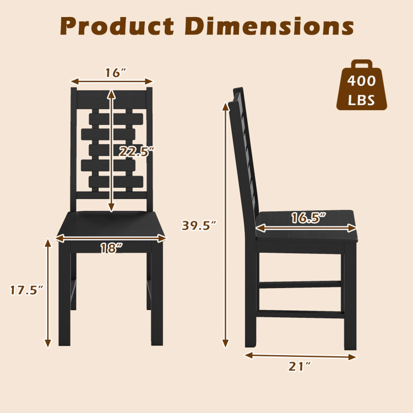 SUGIFT Set of 2 Solid Rubber Wood Mid-Century Dining Chairs, Black