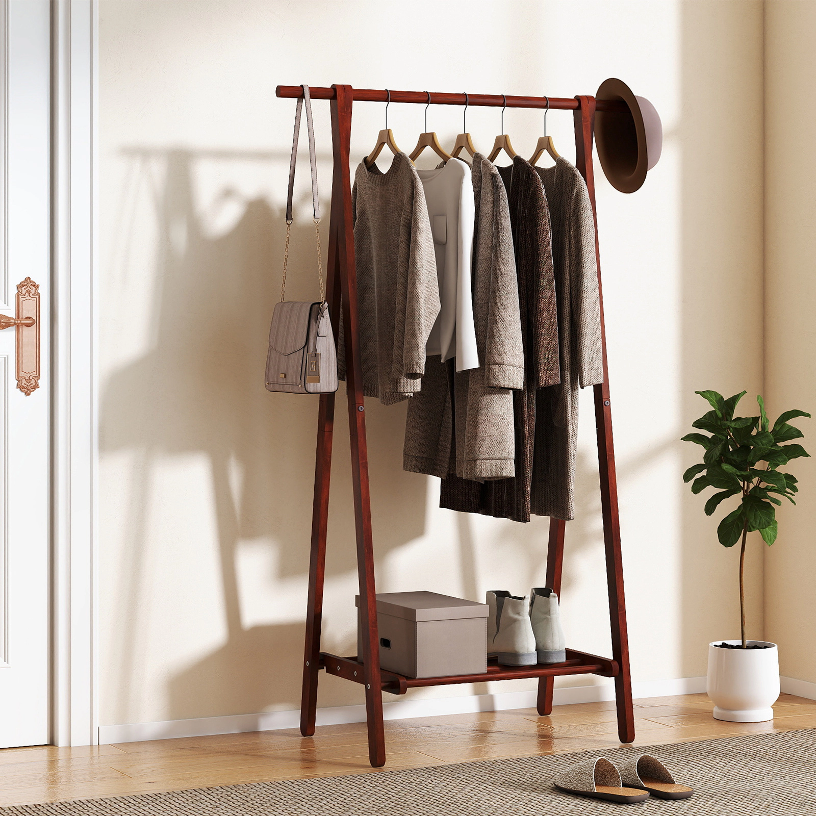 SUGIFT Folding Rubber Wood Clothes Rack Walnut with Bottom Storage Shelf