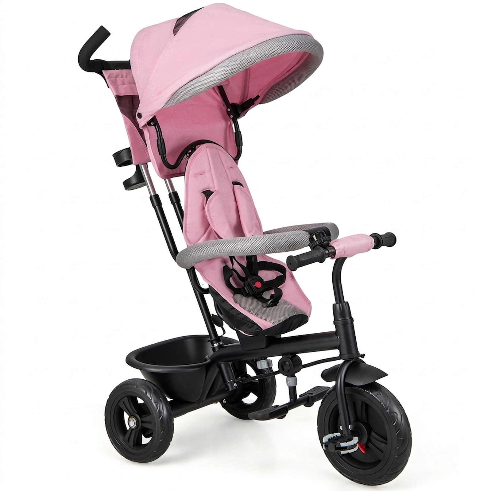 SUGIFT Pink 55-lb Capacity 4-in-1 Baby Trike Toddler Tricycle with Removable Canopy and Push Handle