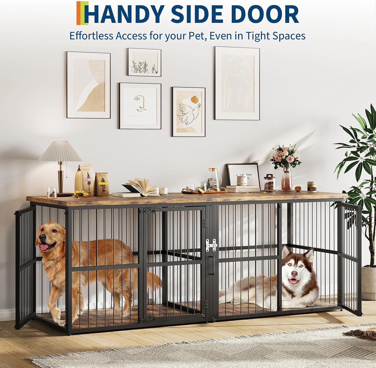 Double Dog Crate Furniture, Heavy-Duty Ironwood Pet Cage with Divider for Two Pets