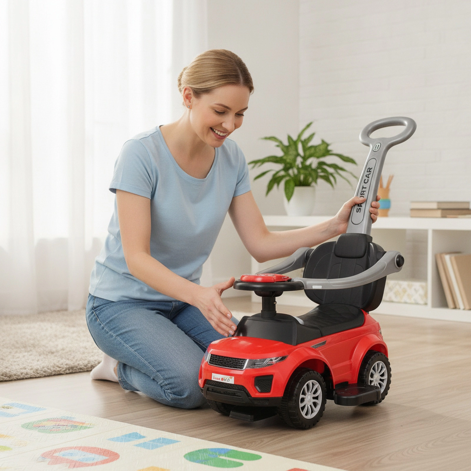3-in-1 Toddler Push Car with Removable Handle Guardrails and Footrest for 12-36 Months Stroller Walking Sliding Ride On