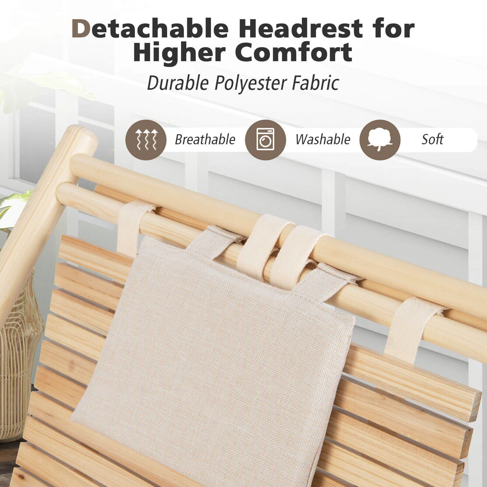 Hivvago Solid Fir Wood Lounge Chair with 3-Level Adjustable Backrest and Soft Padded Headrest