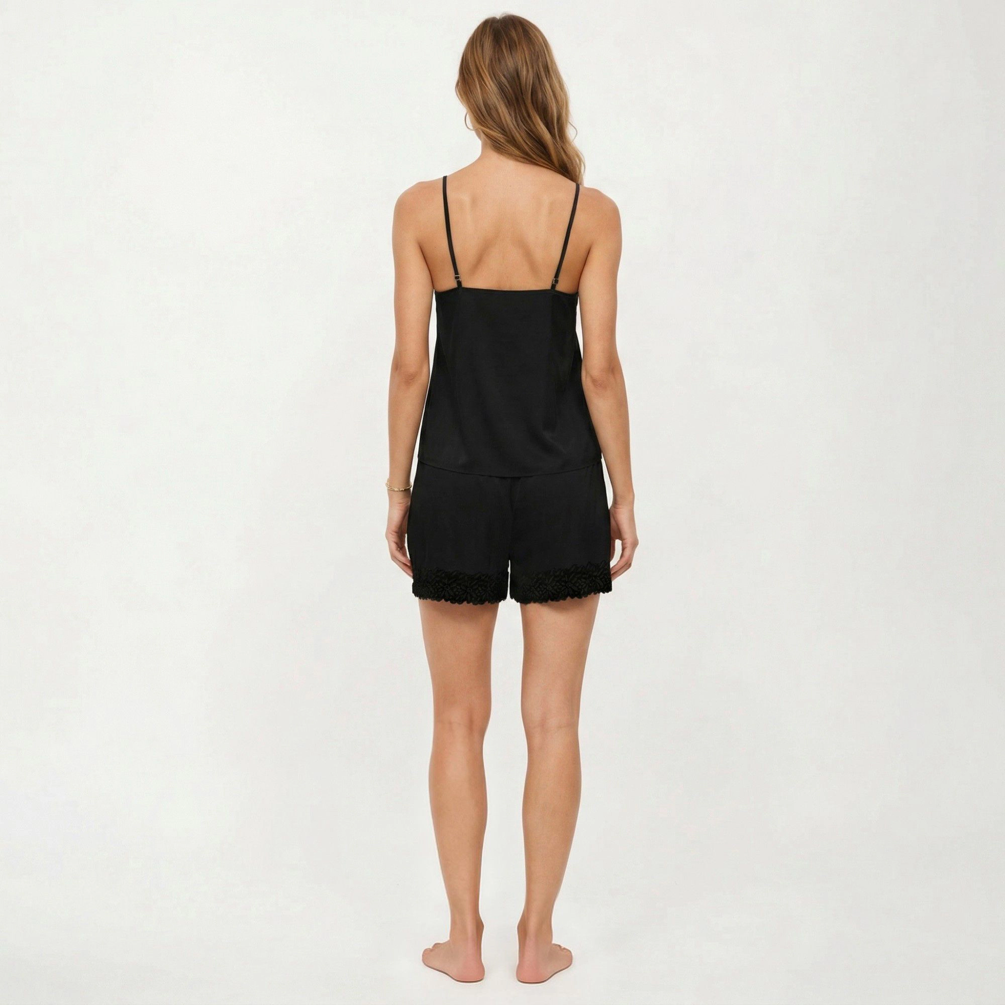 Anna-Kaci Women's 2-Piece Smooth Pajama Camisole Top and Shorts with Lace Trim Button Front Adjustable Straps Sleepwear