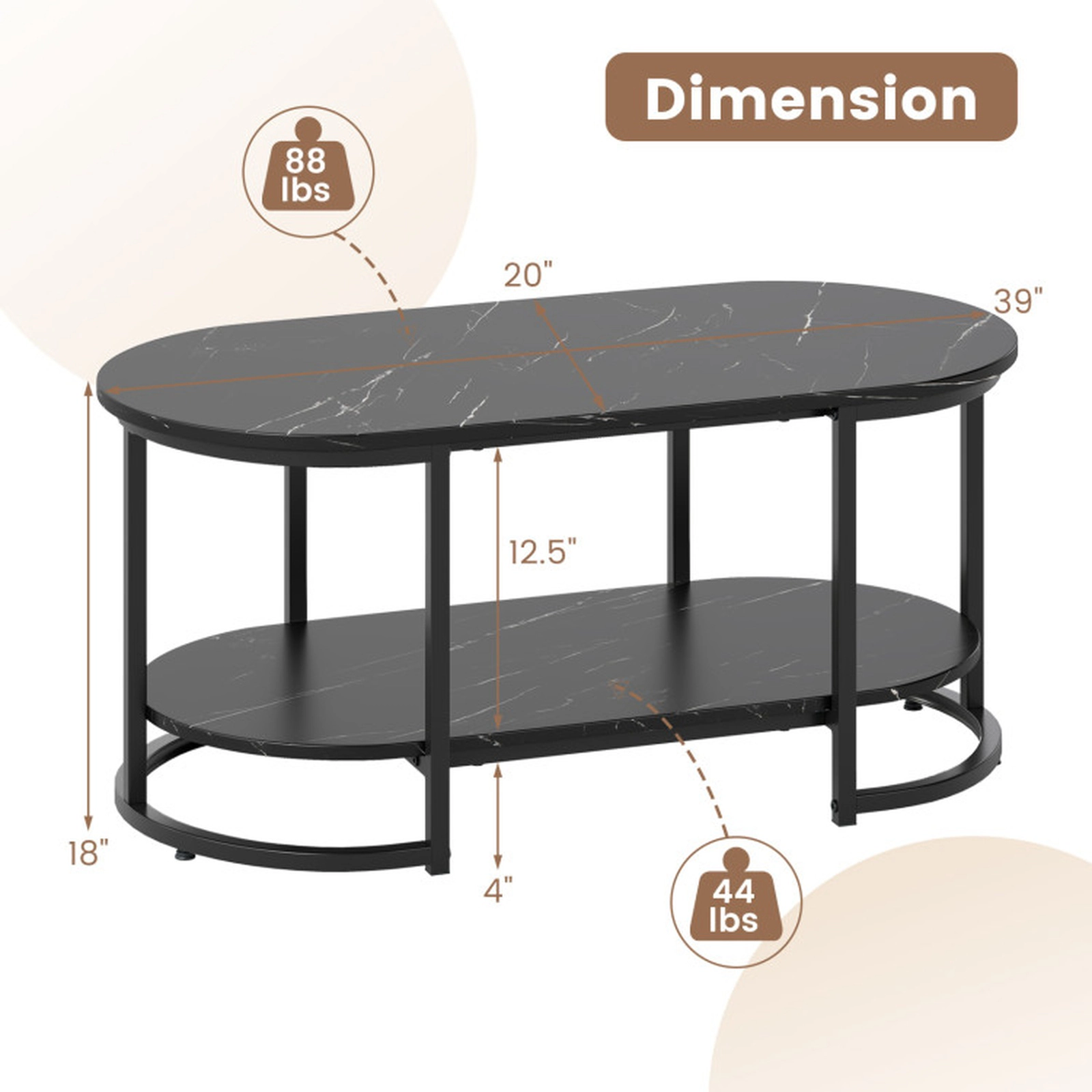 SUGIFT Oval Faux Marble Top 2-Tier Open Storage Coffee Table 39.5-in x 19.5-in x 18-in 88-lb per Shelf Black