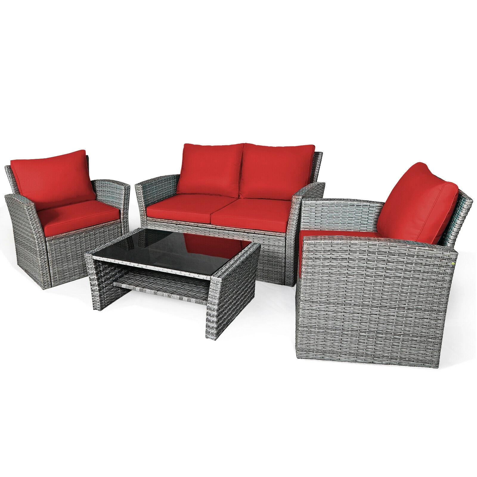 SUGIFT 4-Piece 800-lb Capacity Red Cushioned Rattan Outdoor Patio Sofa Set with Loveseat and Storage Table