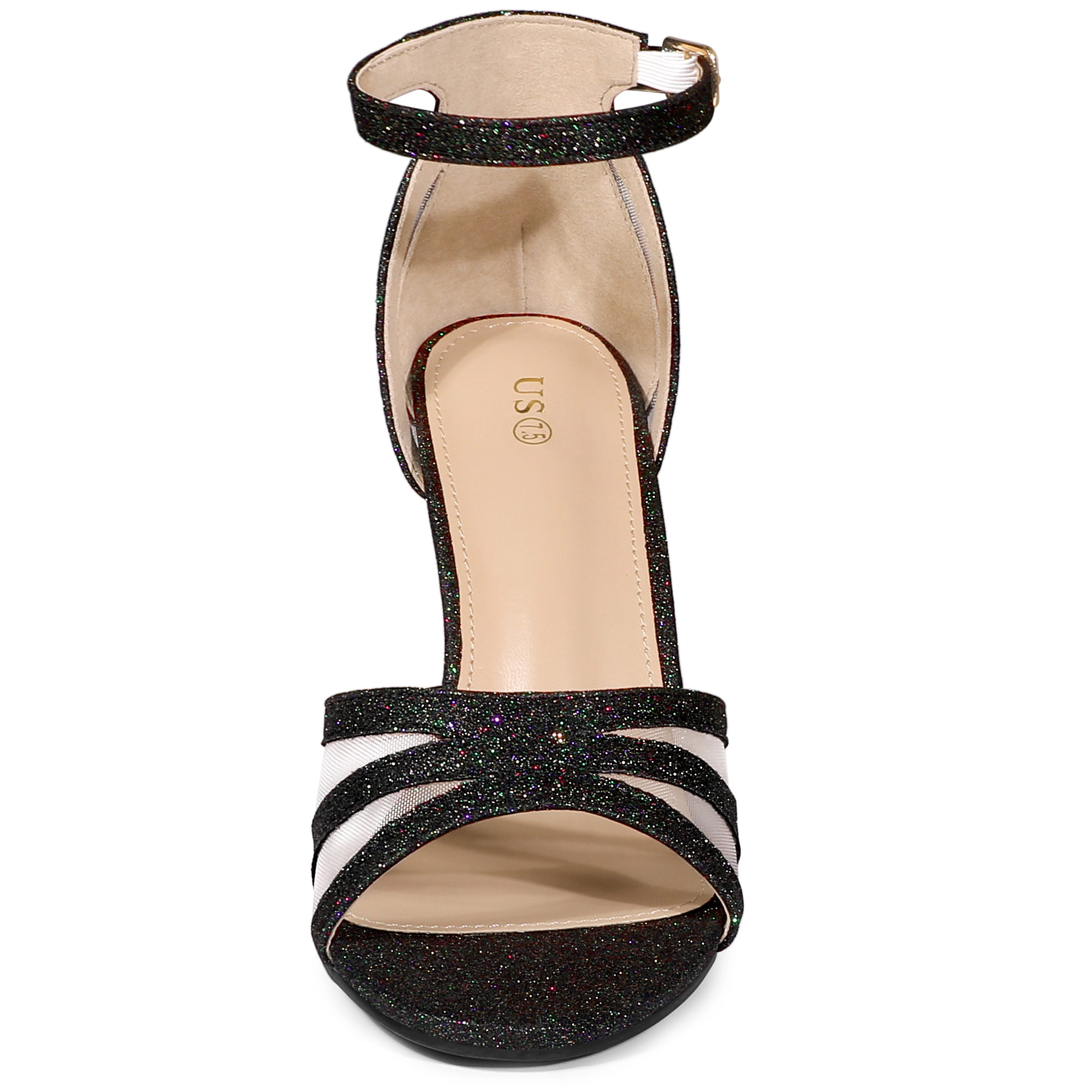 BLISSFUL STEP Women's See Through Glitter Ankle Strap Stiletto Heels Sandals