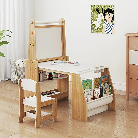 SUGIFT Kids Art Table and Chair Set with Easel, Whiteboard, Chalkboard ...