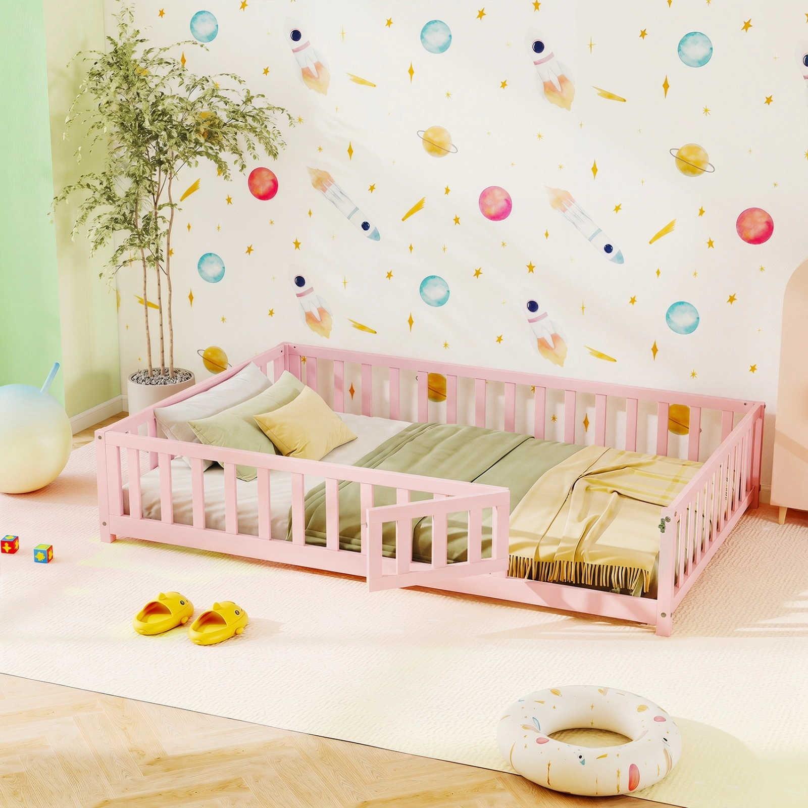 SUGIFT Full Montessori Floor Bed, Full-Length Rails, Latching Door, Pink Pine Frame
