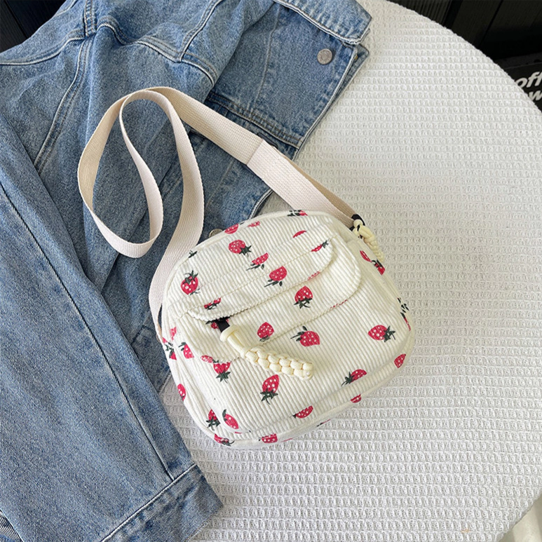 Alilang Women's Strawberry Print Corduroy Crossbody Bag with Front Pocket and Adjustable Strap, Ivory