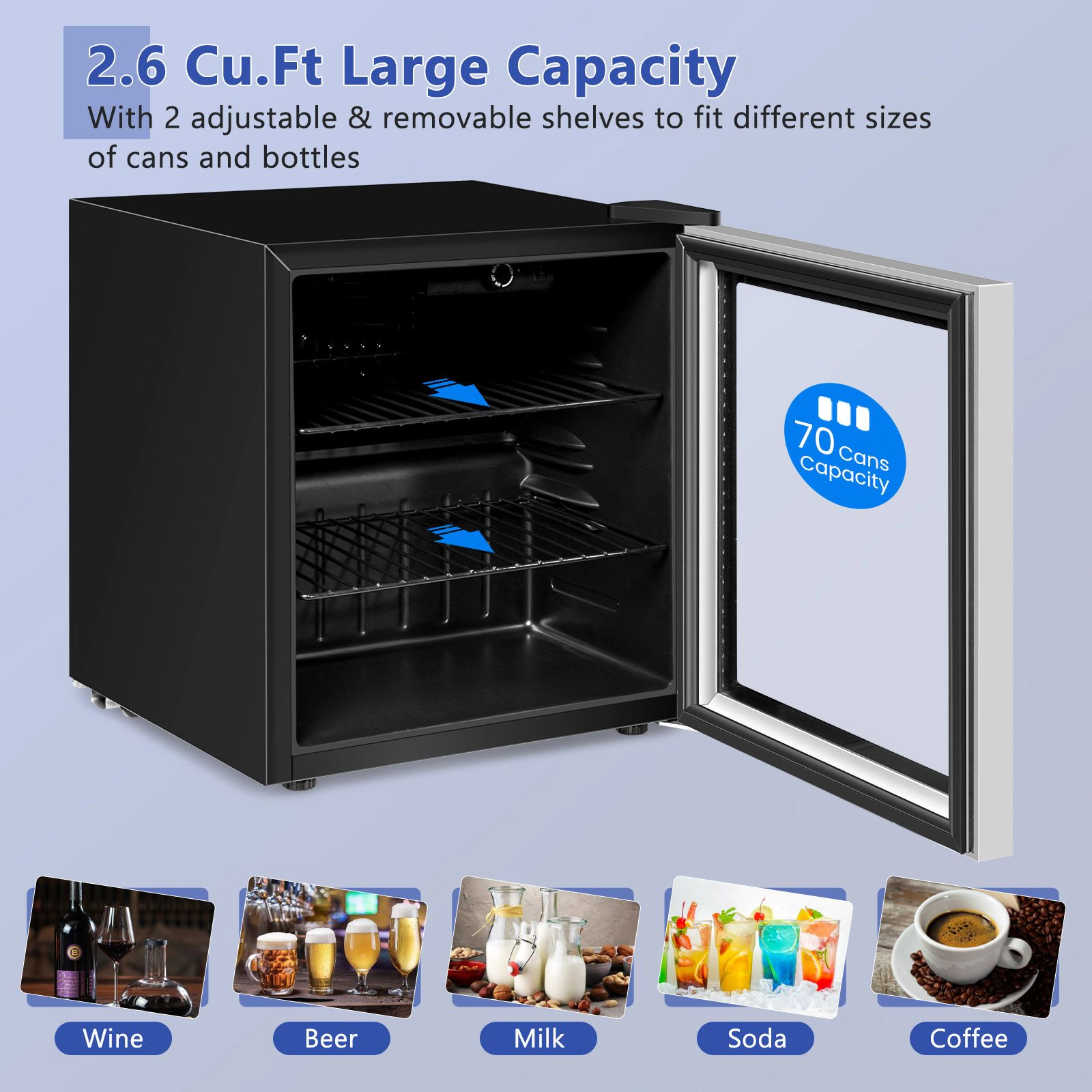SlickBlue 1.6 Cu Ft Beverage Refrigerator, 60 Can Mini Fridge