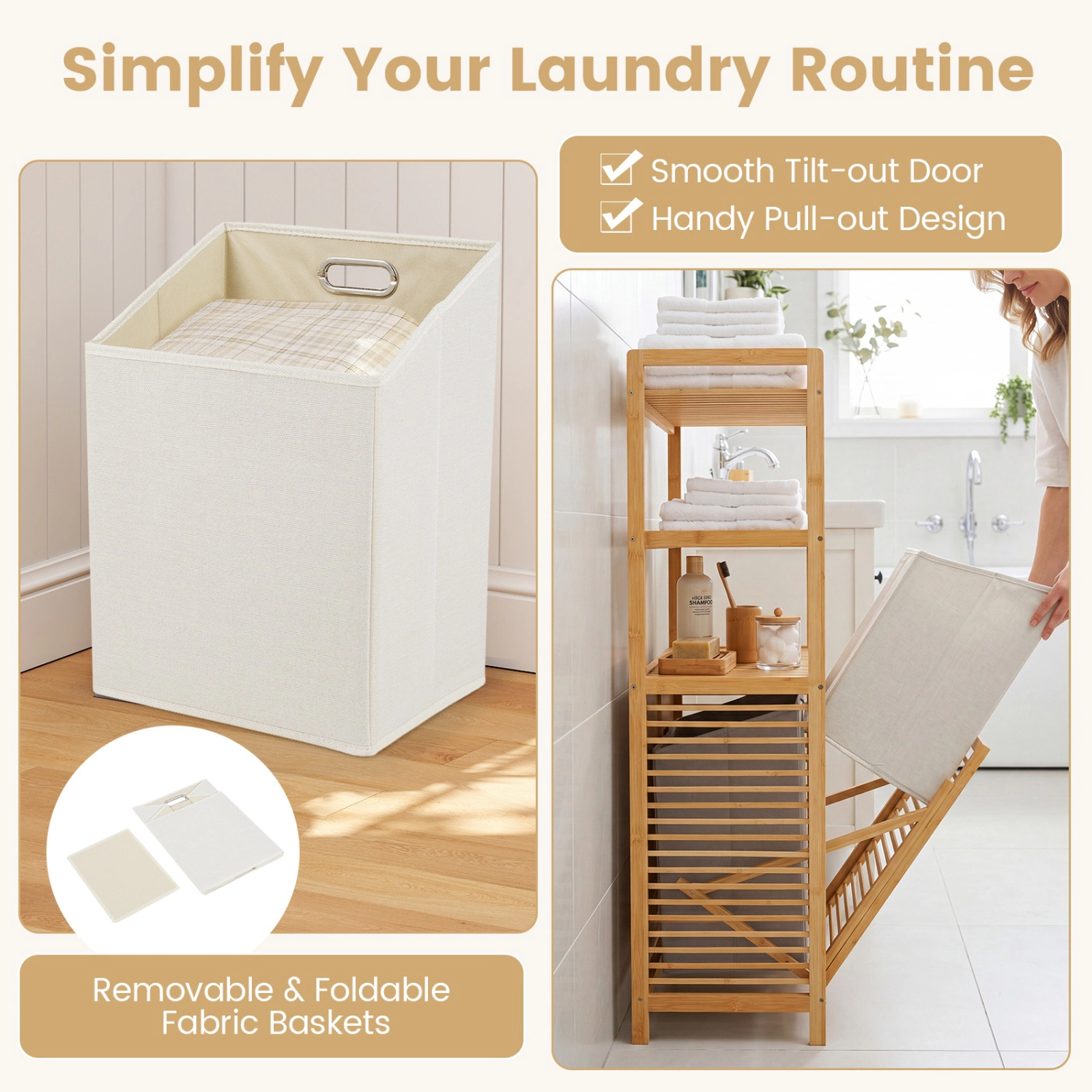 SUGIFT Natural Bamboo Double Tilt-Out Laundry Hamper with 3 Shelves and 2 Removable 7-gal Baskets