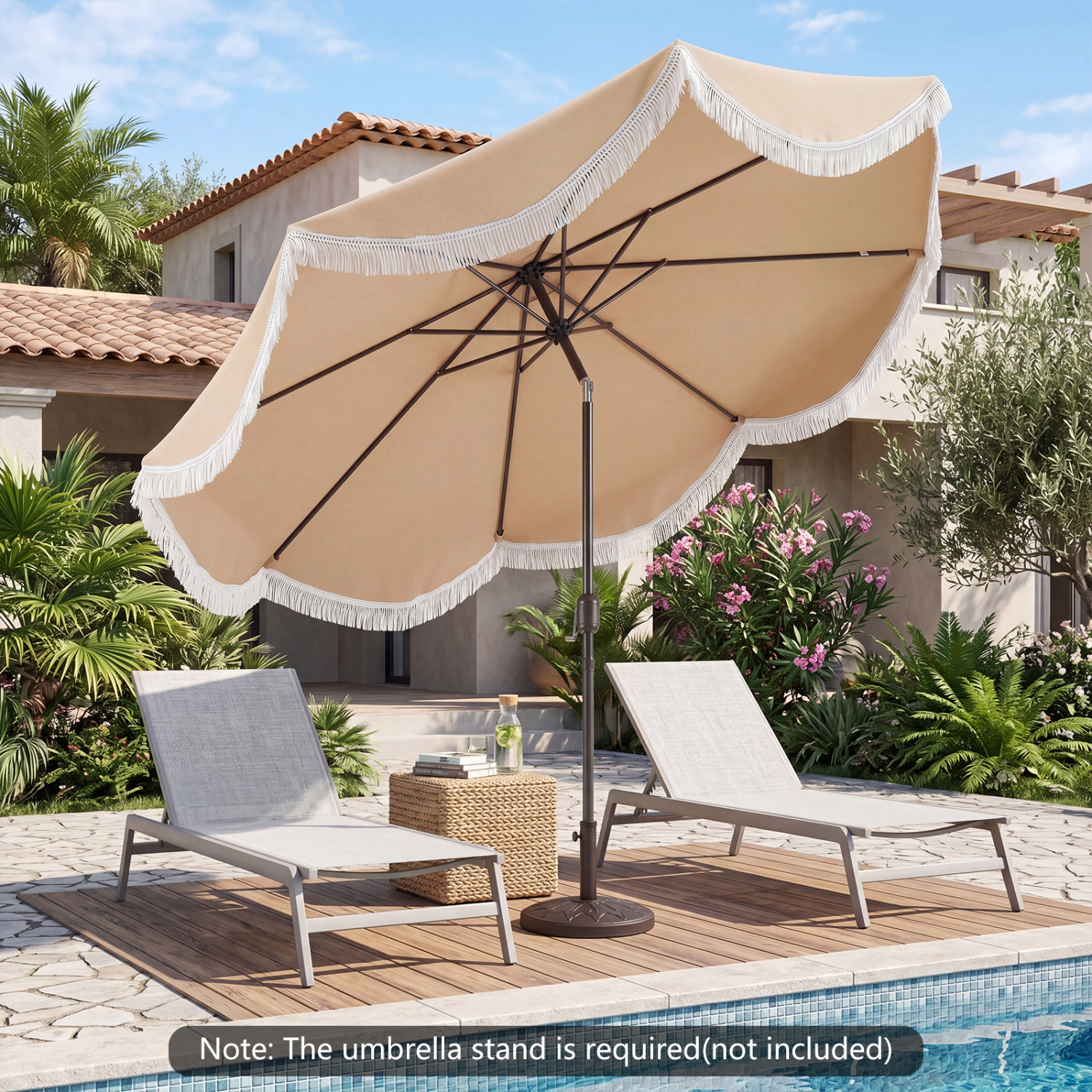 SlickBlue 10FT Outdoor Patio Umbrella with Tassel Fringe and Tilt Function