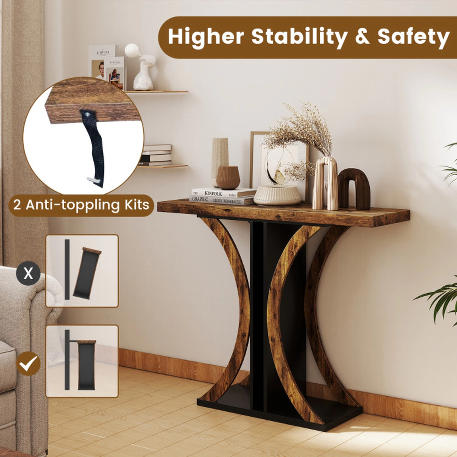 SUGIFT 39.5-in Rectangular Console Table with Geometric Frame 110-lb Tabletop Capacity 2 Anti-Toppling Kits Rustic Brown
