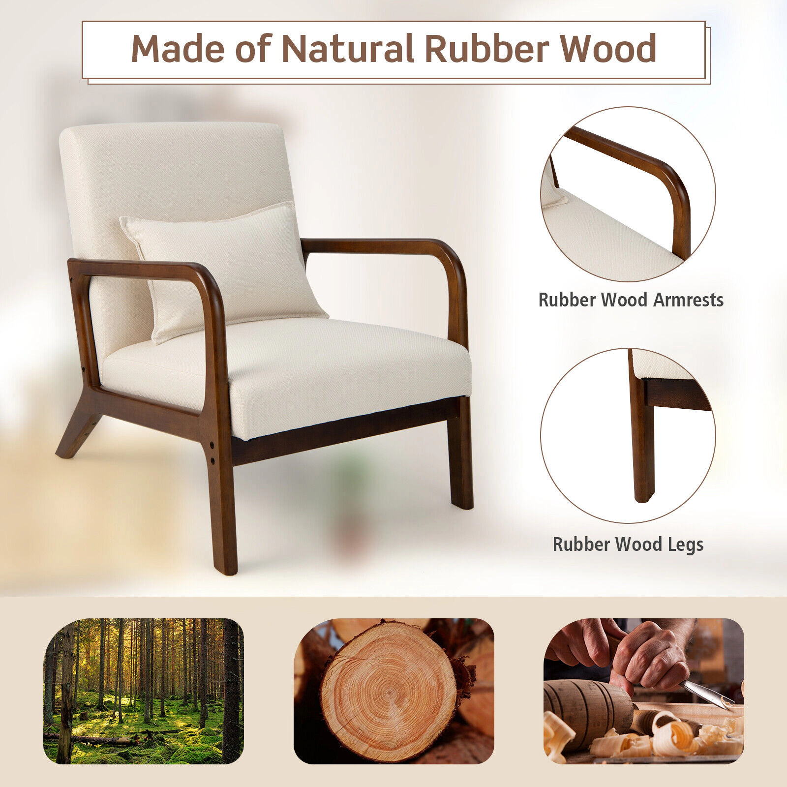 SUGIFT Beige 330-lb Capacity Faux Linen Modern Accent Chair with Rubber Wood Frame Armrests and Lumbar Pillow