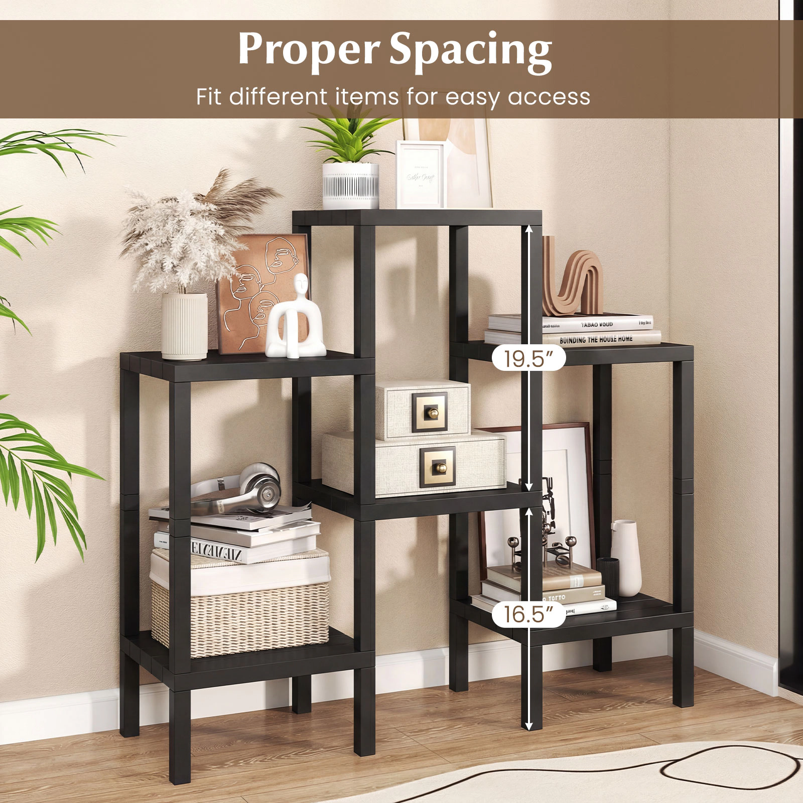 SUGIFT Black 6-Tier Modular Plastic Cube Storage Organizer Shelf for Closet Kitchen and Bathroom