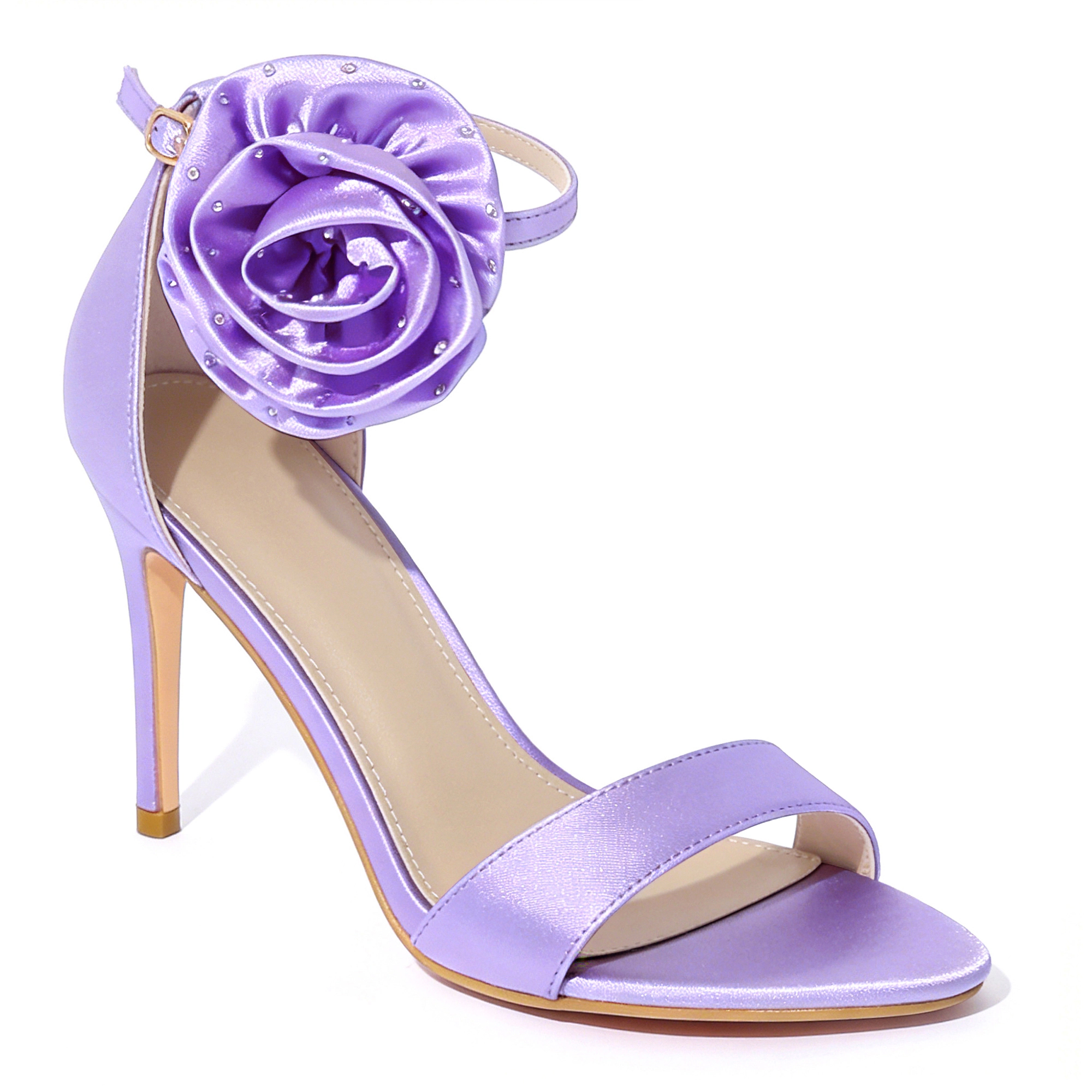 BLISSFUL STEP Women's Wedding Satin Flower Ankle Strap Stiletto Heel Sandals