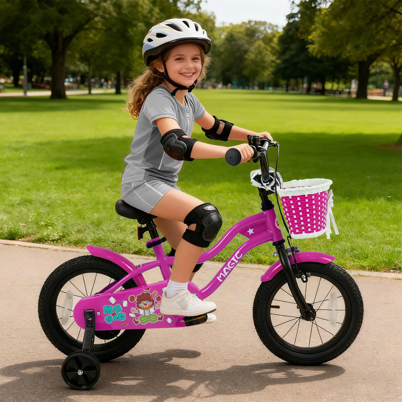 14-in Kids Bike Removable Training Wheels Ages 3-5 Rose Toddler Bicycle Front Basket Bell Mudguards 110-lb Capacity