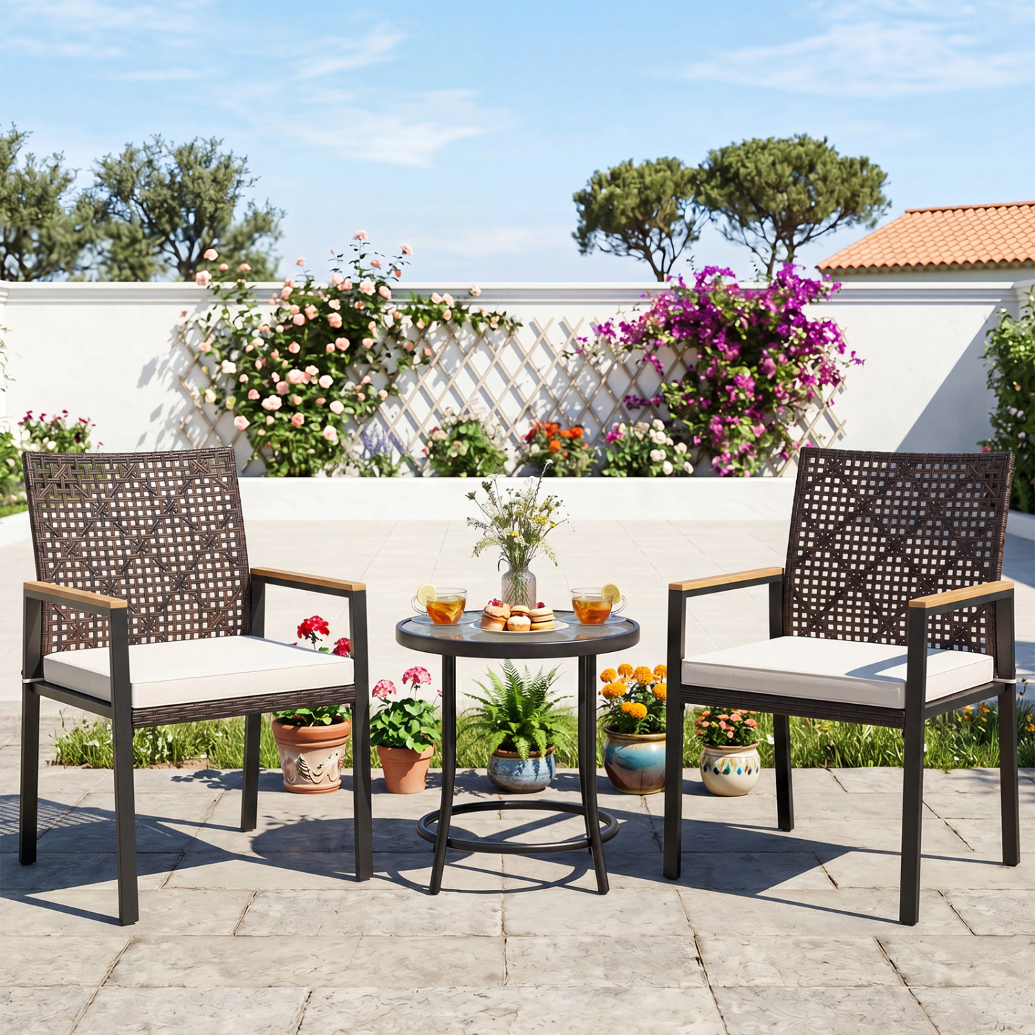 LJG Hand-Woven PE Patio Dining Chairs Set of 4 with Acacia Wood Armrests for Yard