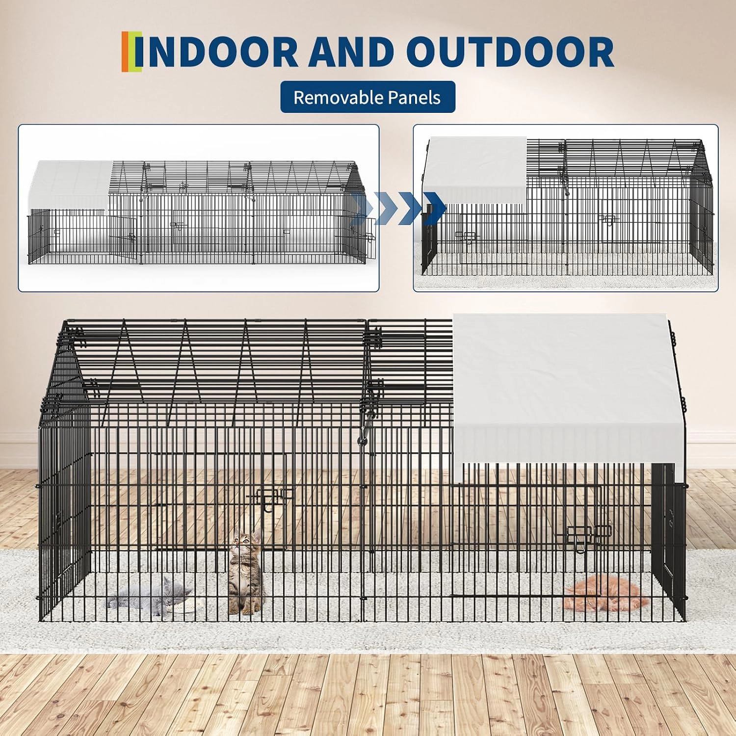 Metal Chicken Run Pen with Waterproof Cover, Portable Outdoor Poultry Coop for Duck Hen Rabbit, Black