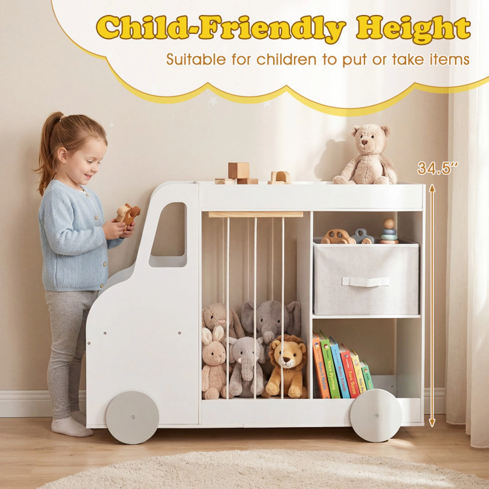 SUGIFT Toy Storage Organizer with Stuffed Animal Storage Fabric Drawer and Universal Wheels 35-lb Shelves Ages 3+ White
