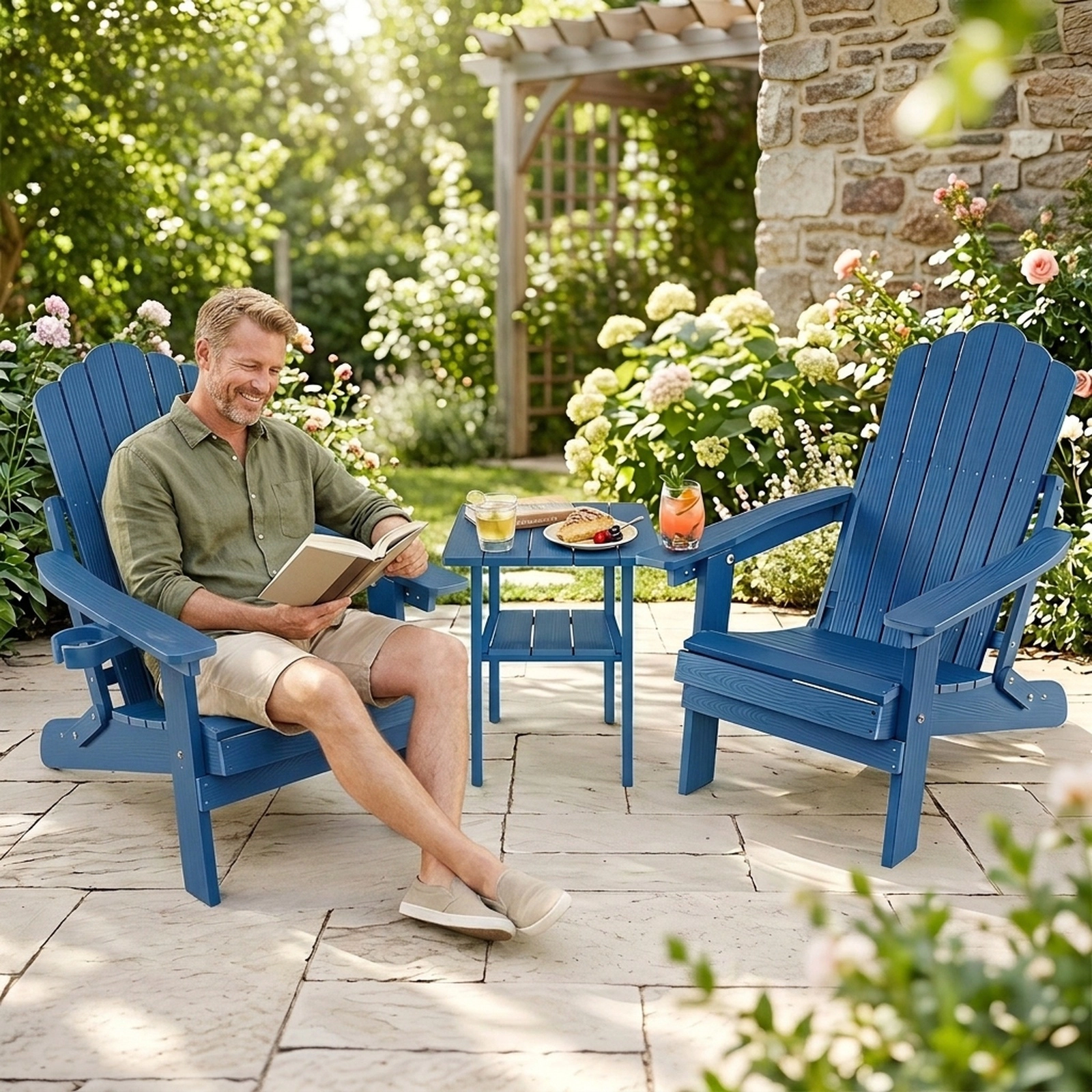 SUGIFT 2-Piece Folding Adirondack Chair Set, 5-Position Recline to 135°, Swivel Cup Holders, Navy HIPS