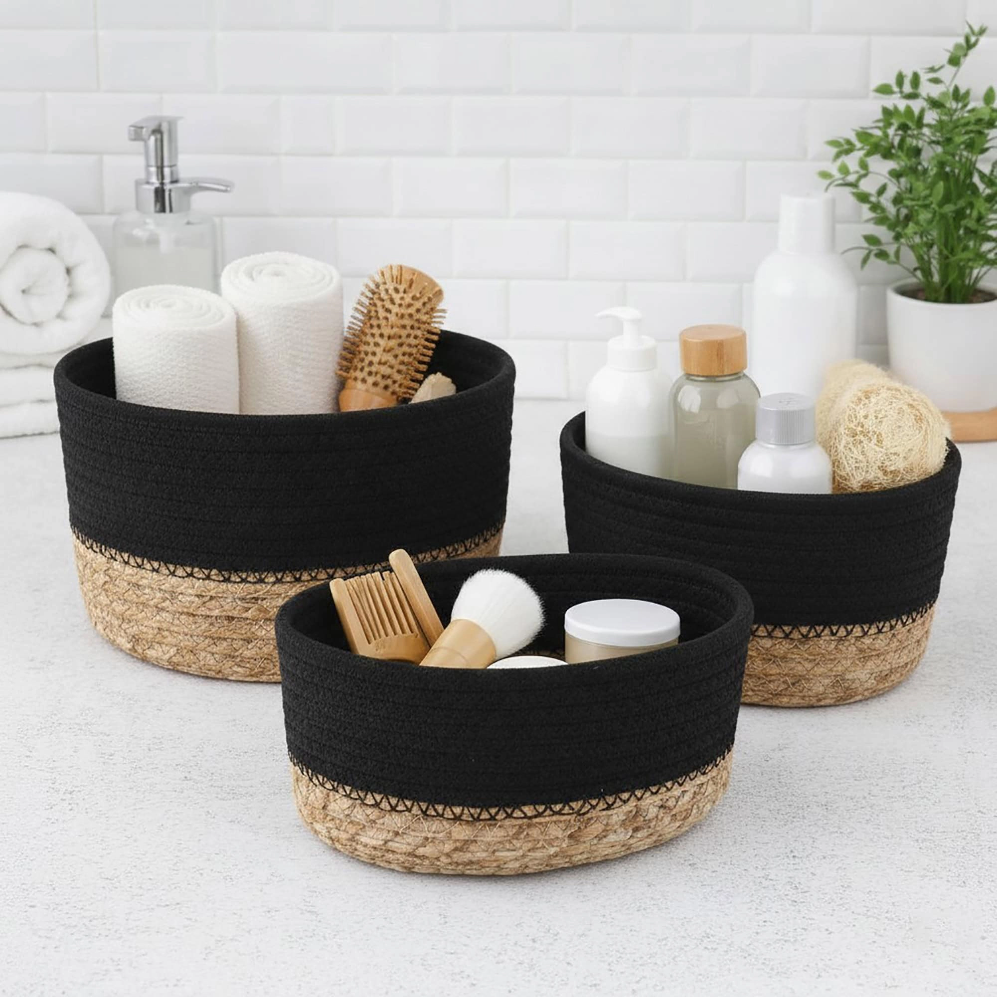 Evideco French Home Goods Set of 3 Stackable Cotton Rope Baskets with Seagrass Base