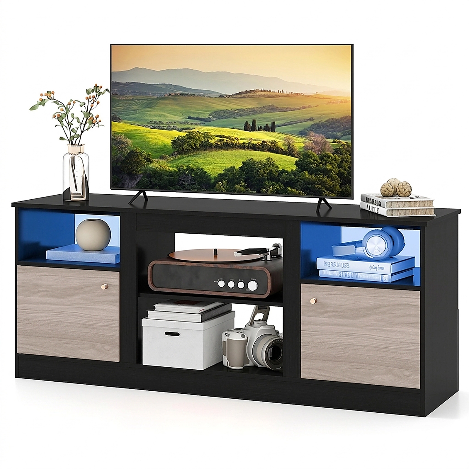 SUGIFT 57.5-Inch TV Stand for TVs up to 65 Inches, RGB LED Lights, 2 Cabinets, Fireplace-Ready Bay