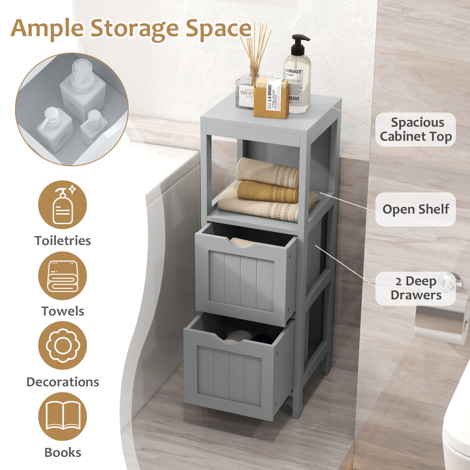 SlickBlue Bathroom Floor Cabinet with Drawers and Open Shelf