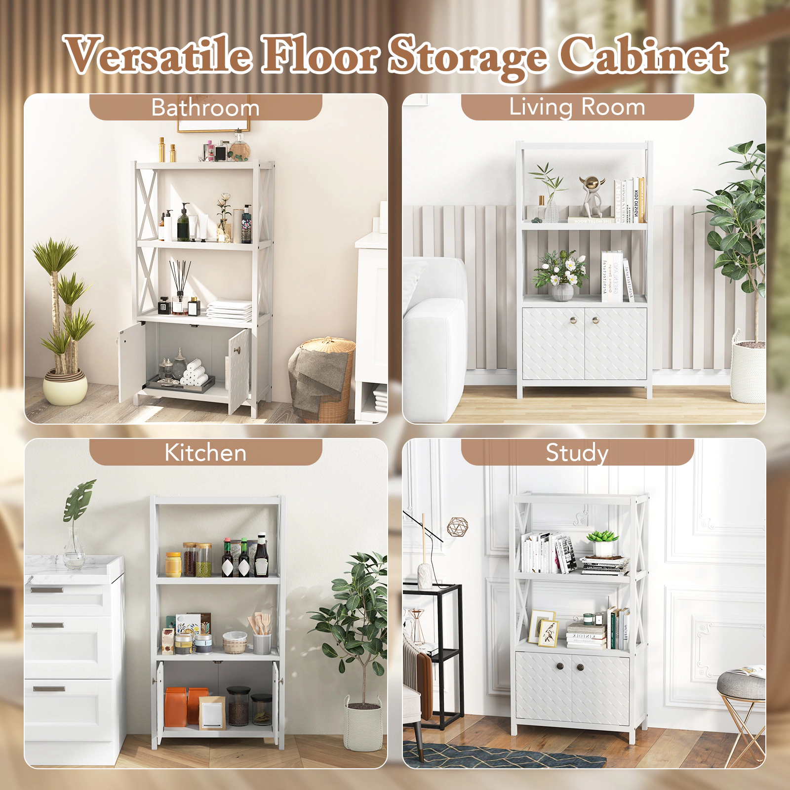 SUGIFT White 88-lb Capacity 47-in Tall Bathroom Storage Cabinet with Open Shelves Double Doors and X-Bars