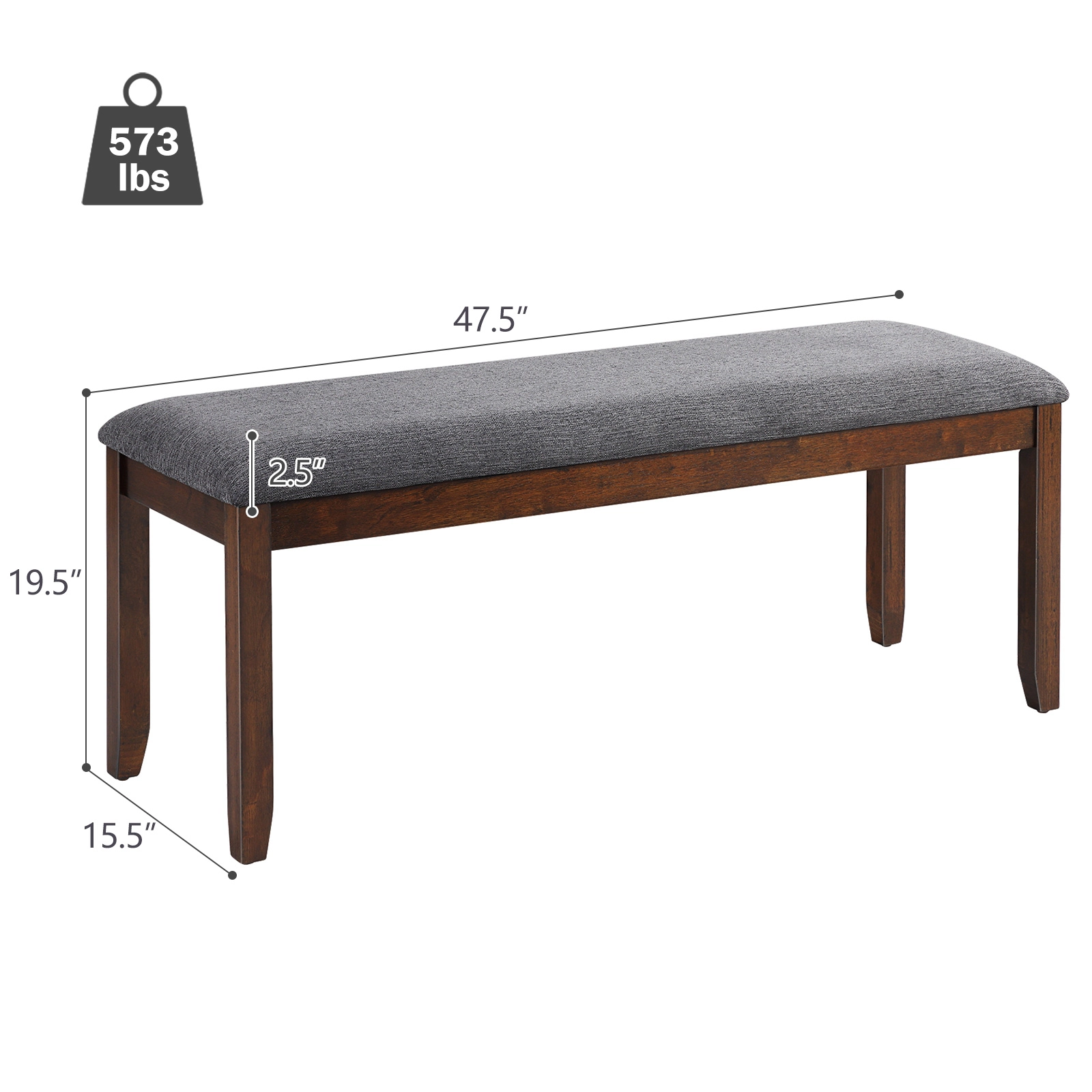 Glintex 47.5-Inch Linen Dining Bench with Rubber Wood Legs and 573-Lb Capacity, Gray & Brown
