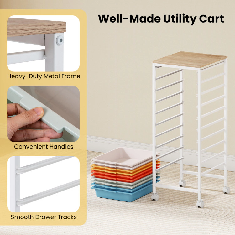 Hivvago 10-Drawer Rolling Storage Cart Mobile Utility Organizer With Wooden Tabletop And Lockable Wheels