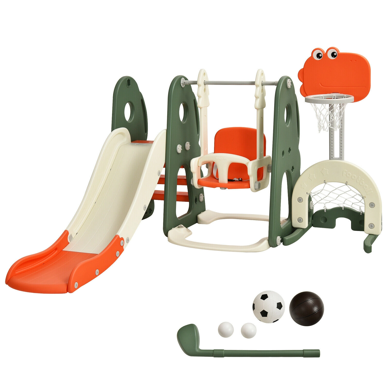 SUGIFT 6-in-1 44-lb Capacity Toddler Slide and Swing Set with Basketball Hoop Football Gate and Golf Hole