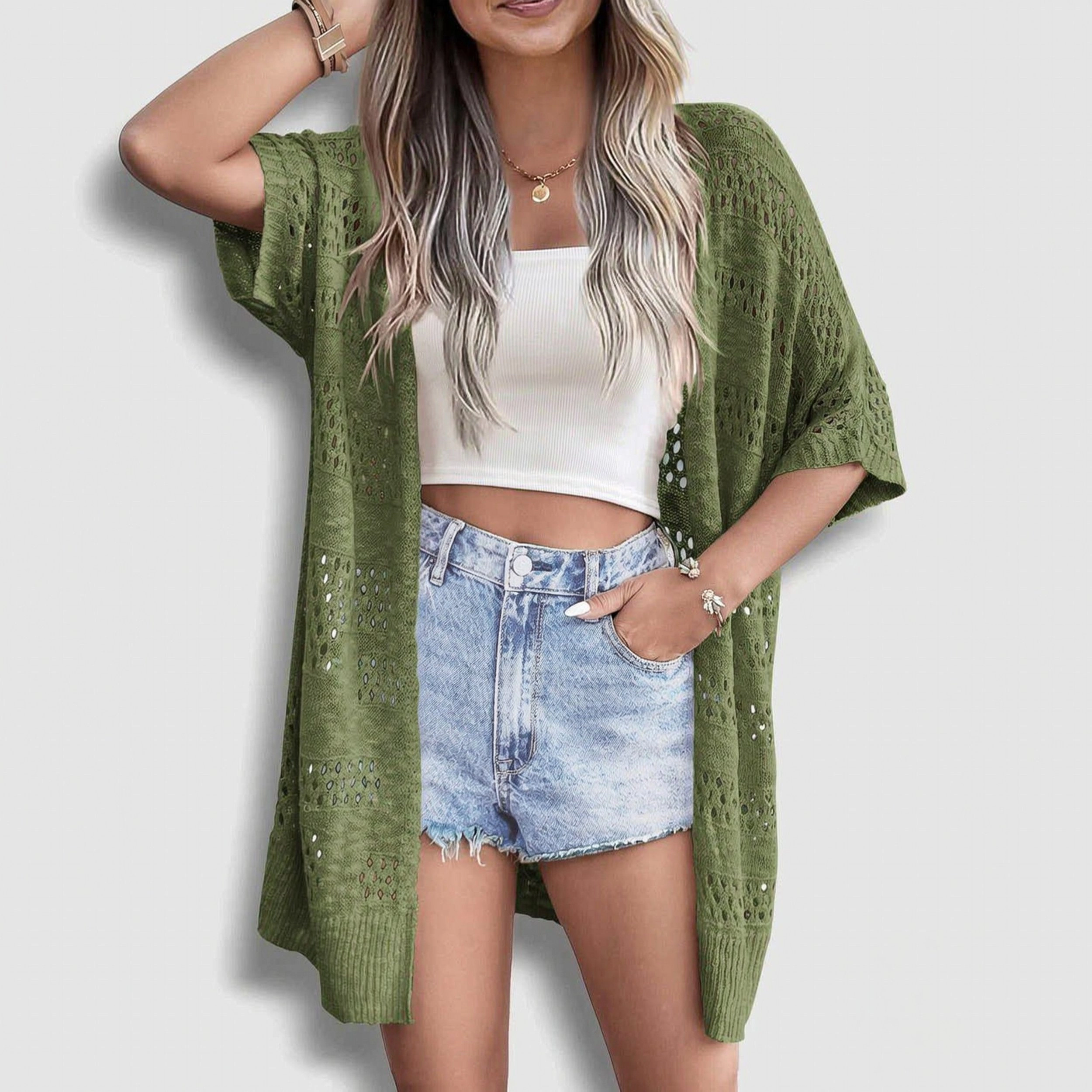 Zeagoo Women's Short Sleeve Open Front Crochet Knit Cardigan