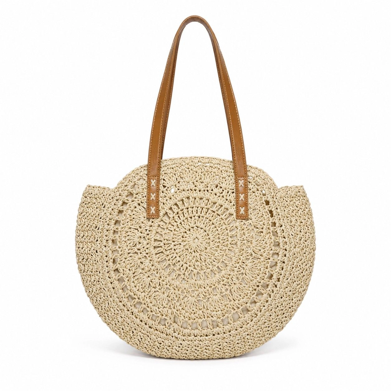 Alilang Women's Round Woven Straw Tote Bag with Zip Closure Shoulder Handles and Slip Pocket, Khaki