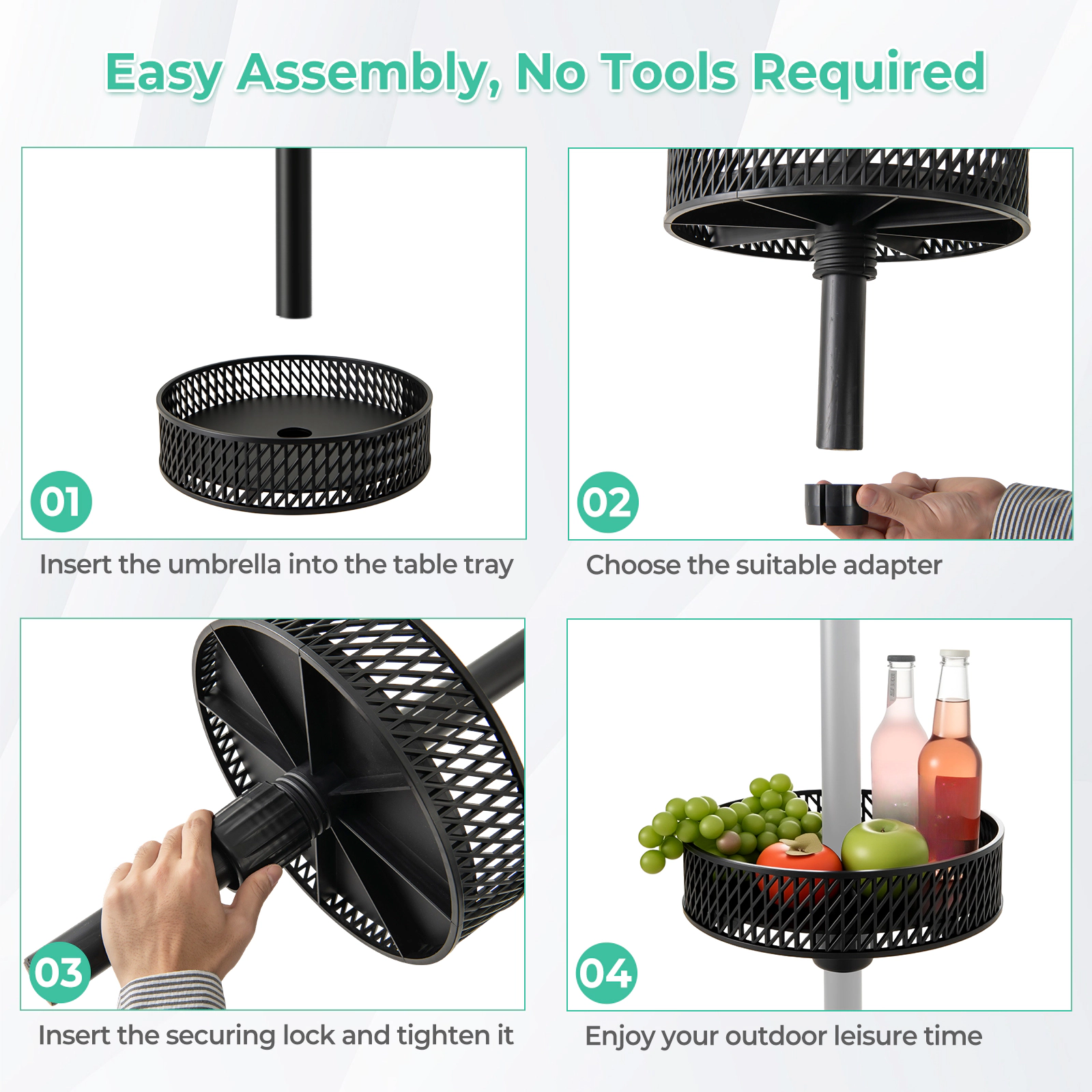 SUGIFT Black 12-Inch Patio Umbrella Table Tray with 3 Pole Adapters