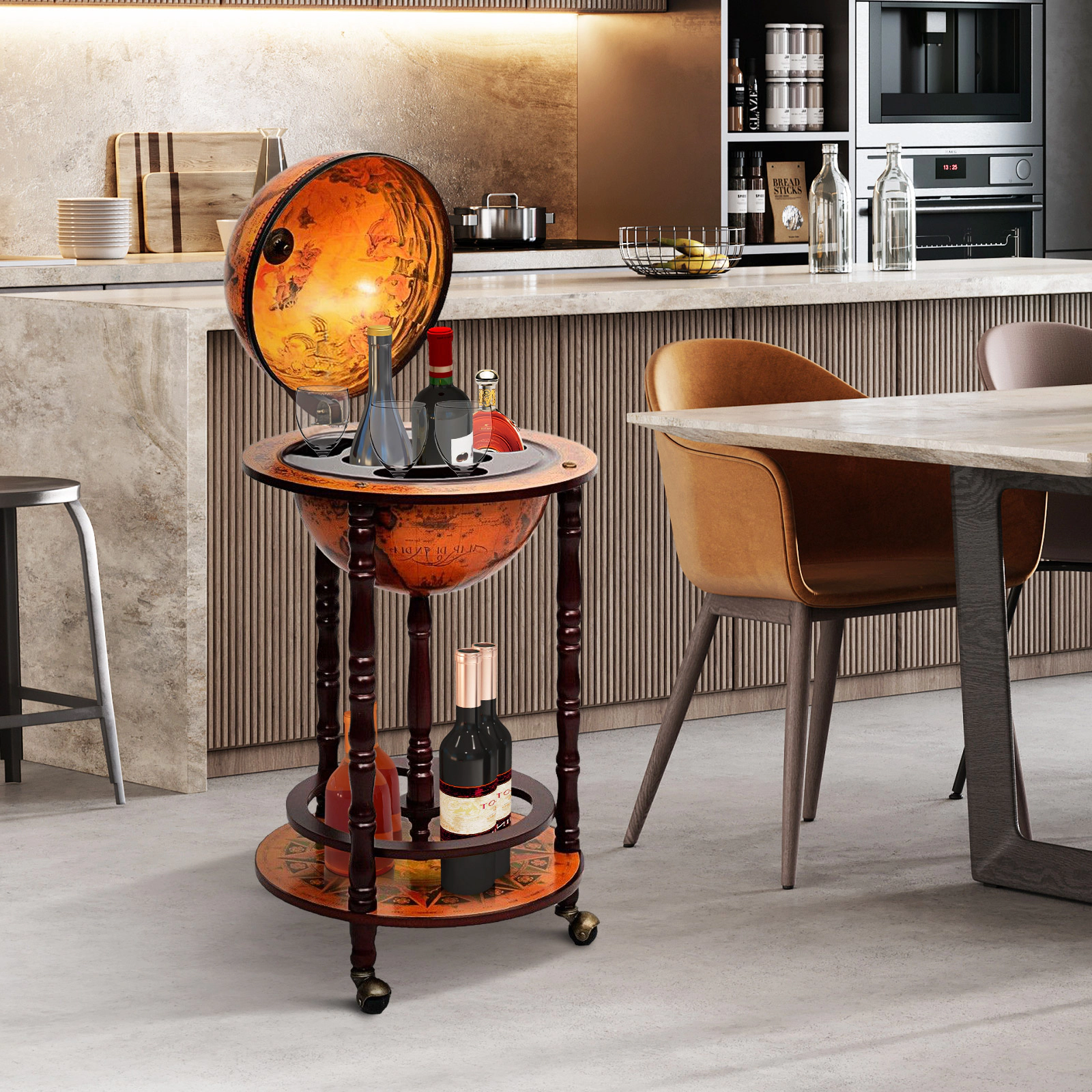 SUGIFT 16th Century Wood Plastic Globe Wine Bar Stand 36-in Tall 17-in Wide Wood Plastic Single Piece