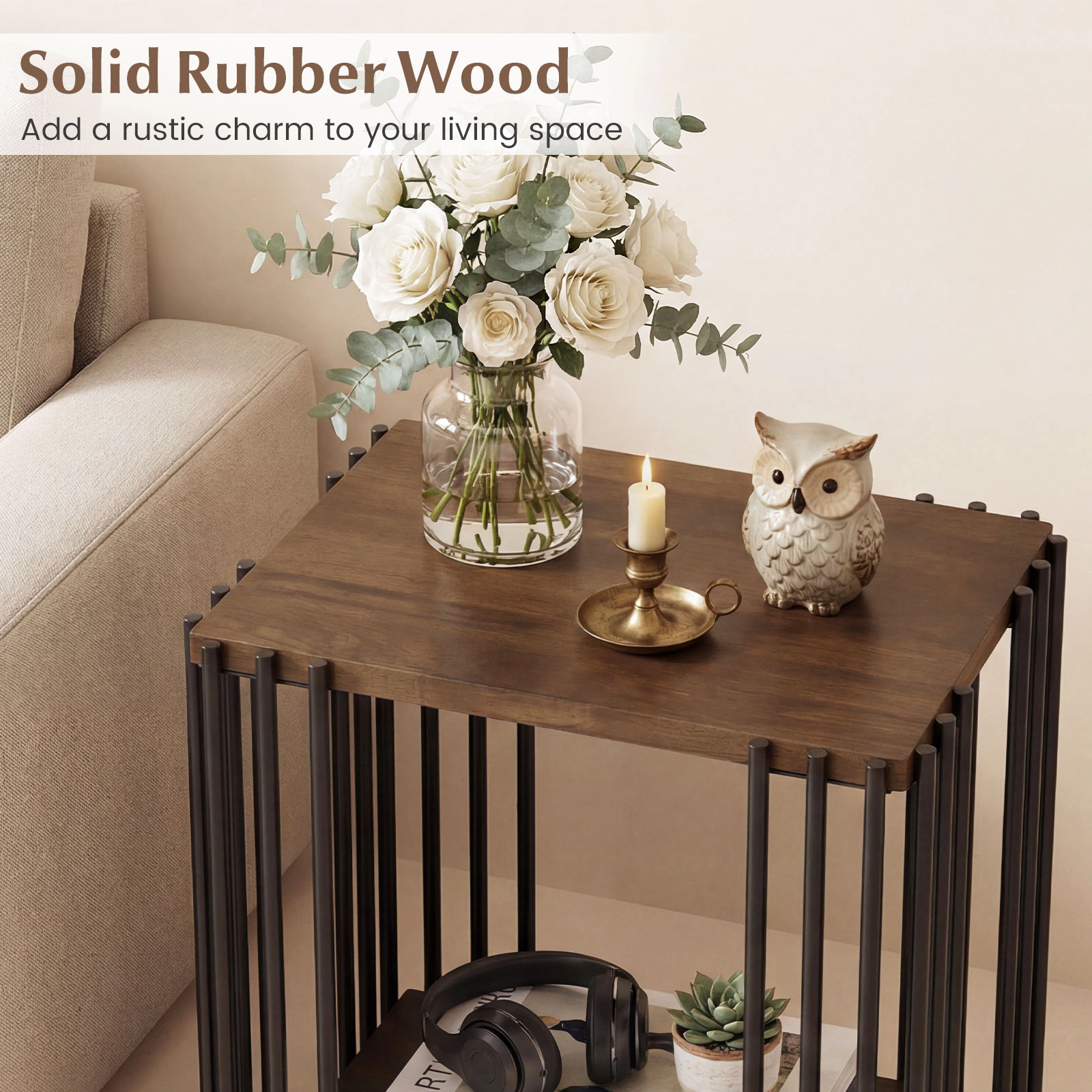 SUGIFT 2 Tier Rubber Wood Metal Frame Open Shelf Storage Side Table In Walnut