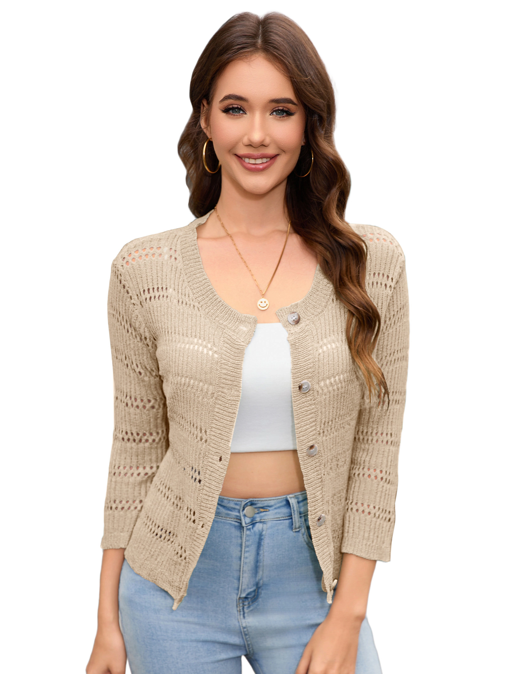 KOJOOIN Women's 3/4 Sleeve Cropped Hollow Knitted Cardigan Button Front Shrug Sweaters