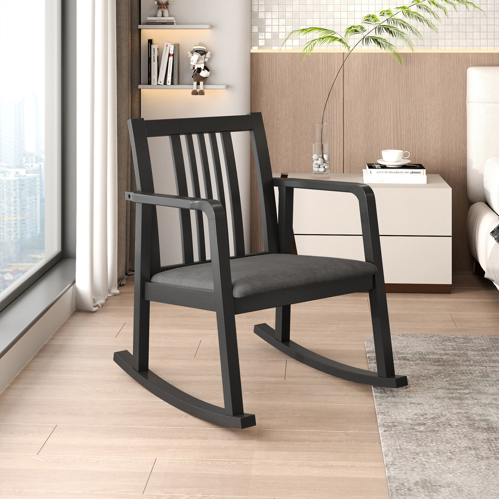 SUGIFT Wooden Rocking Chair with Slatted Back and Linen-Padded Seat
