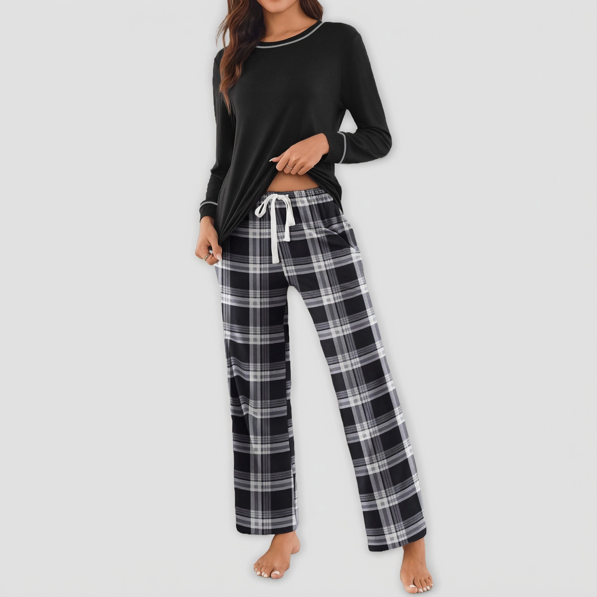 Ekouaer Womens Pajama Set with Plaid Pants Drawstring Elastic Waist Lounge
