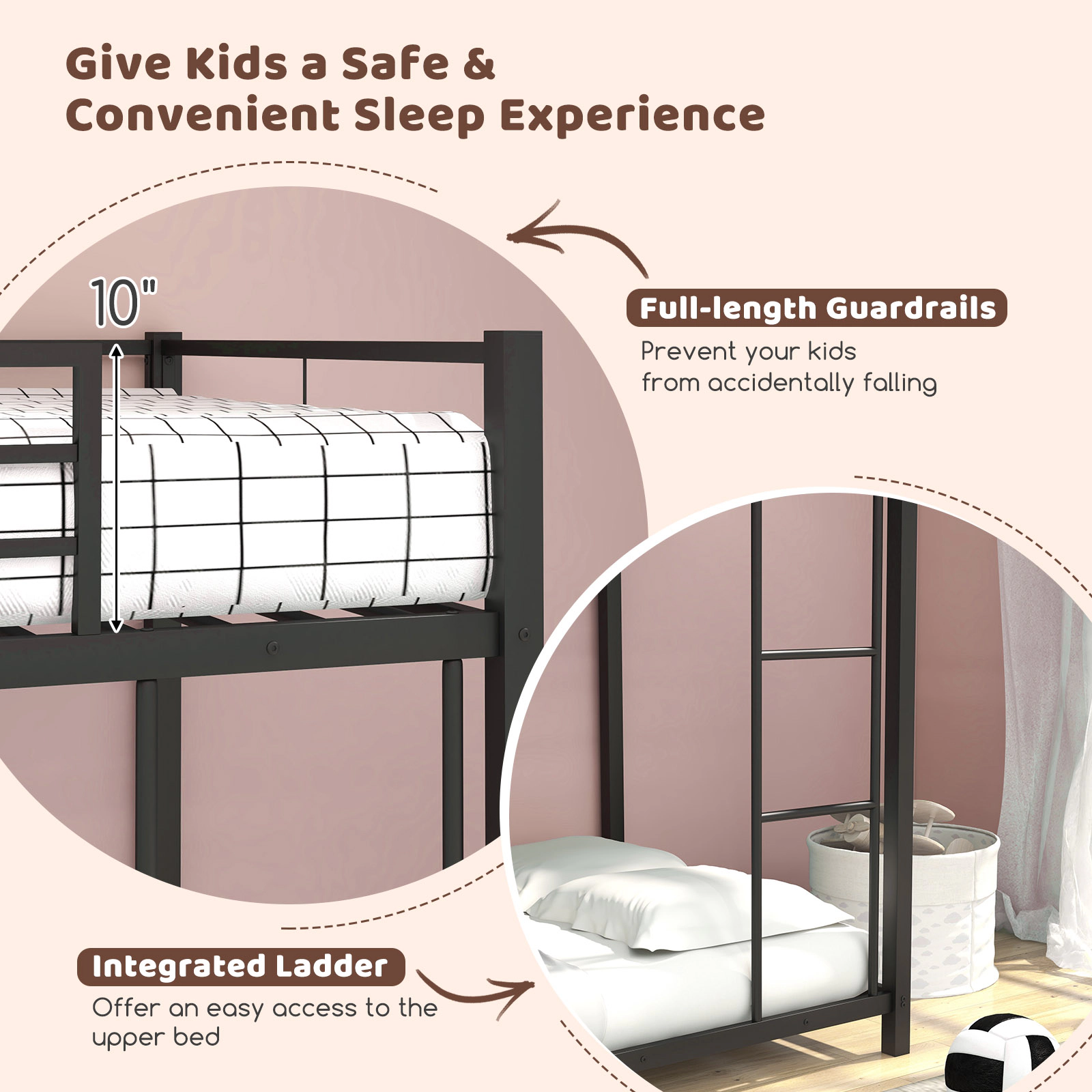 SUGIFT Low Profile Twin Over Twin Metal Bunk Bed 400-lb Upper Bed Capacity Twin Mattress Compatible Black/Silver/White