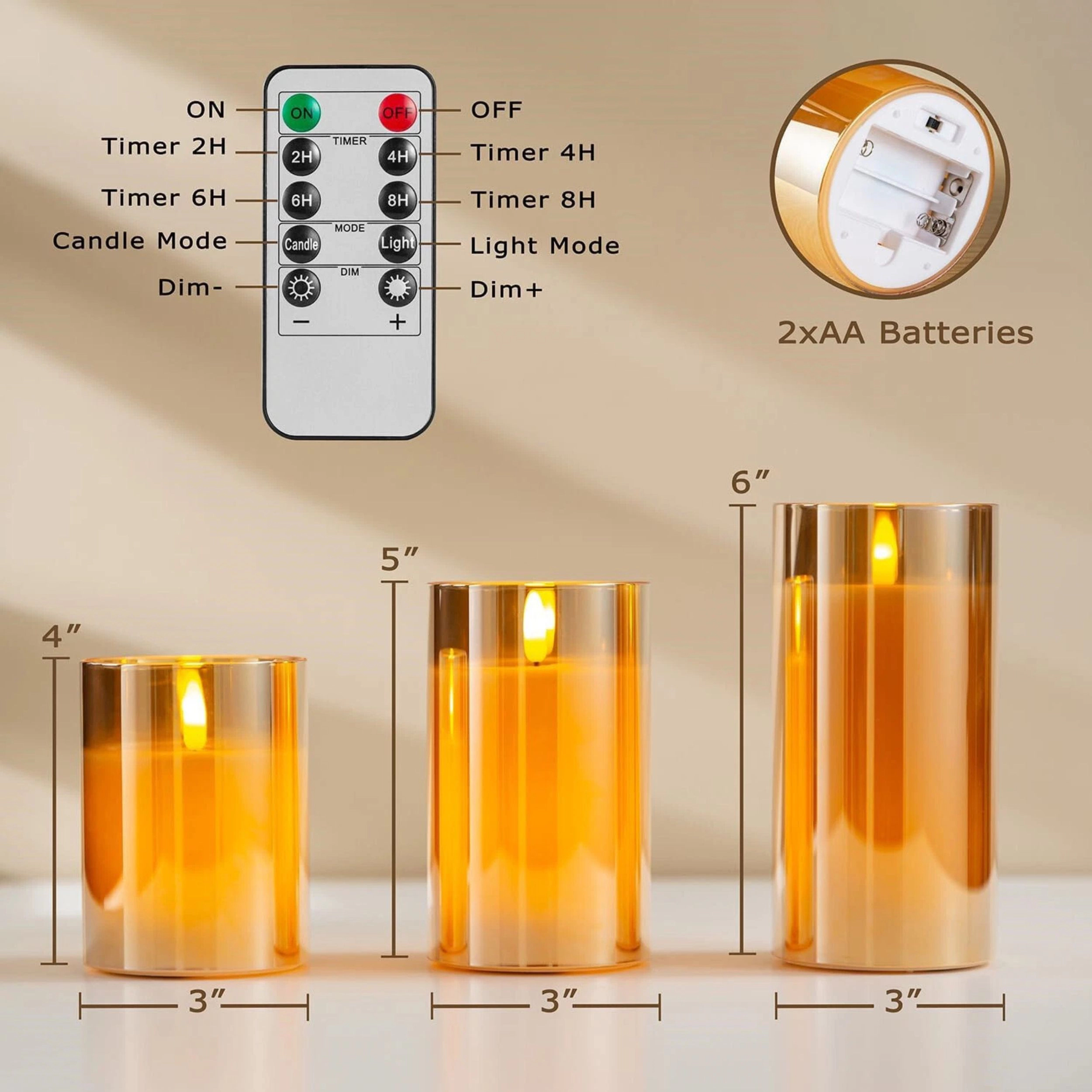 Home Collection Pack of 3 Gold Glass Flameless LED Candles with Remote